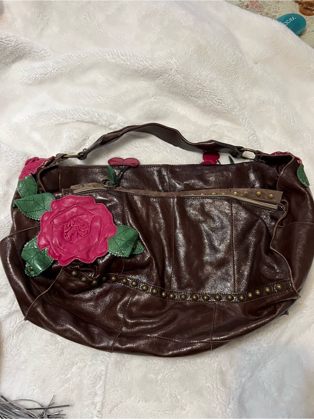 Beverly Feldman Vintage Leather Floral Accent Hobo Bag - Brown with Pink Rose